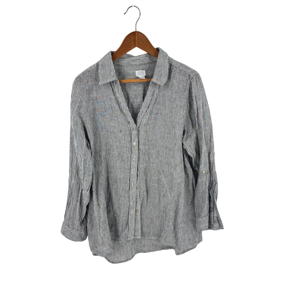 Sigrid Olsen Button Down Shirt Black White 1X Linen Pinstripe Roll Tab Sleeve
